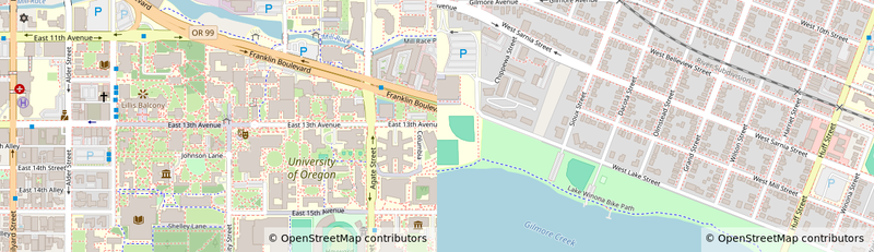 Two maps from OpenStreetMap. One shows the University of Oregon campus. The other shows a residential neighborhood of Winona, Minnesota